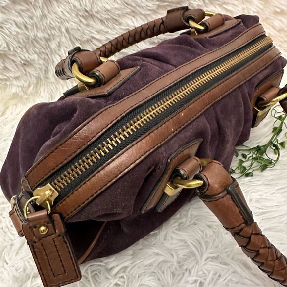 BANANA REPUBLIC Purple Suede Braided Leather Handle Zip Top Satchel Hand Bag - Picture 6 of 10
